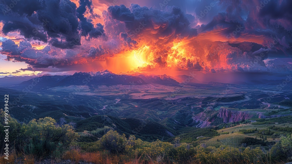 Fiery Sunset Over Mountain Range Fiery Sunset Over Mountain Range