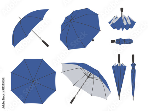 Set of open and folded umbrellas. Protecting accessory for rainy weather