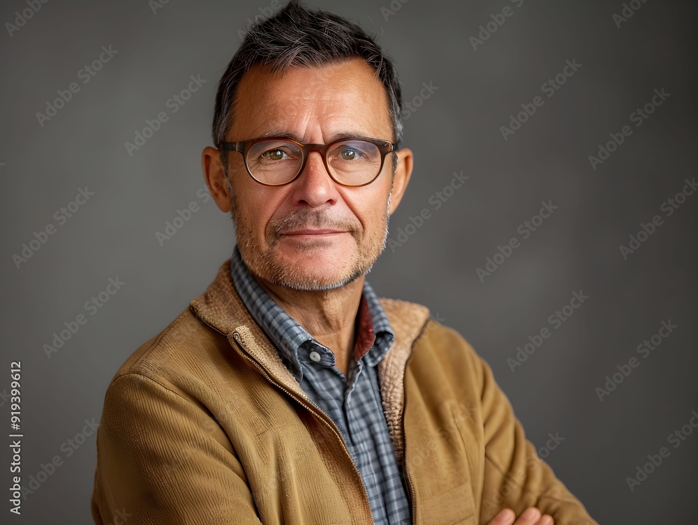 Fototapeta premium Mature man with glasses poses confidently in a casual brown jacket, against a neutral background