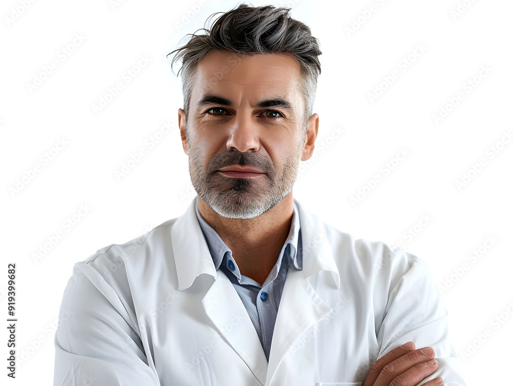 A confident doctor in a lab coat poses with arms crossed against a white background A confident doctor in a lab coat poses with arms crossed against a white background