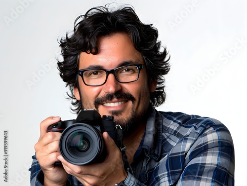 Smiling photographer ready to capture moments in a studio setting