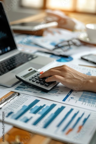 Business professional in gray suit analyzing budget data at desk, surrounded by documents, laptop, and smartphone.