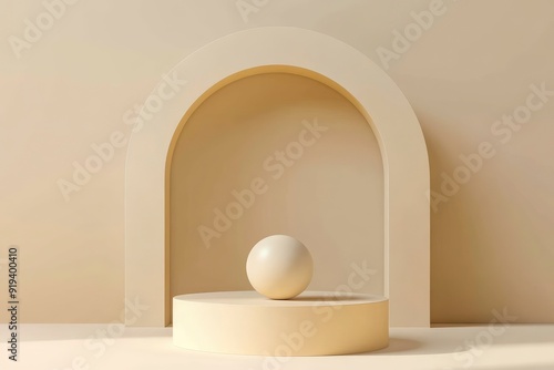 Realistic 3D beige cylindrical podium background with ball, Arch backdrop scene. with generative ai