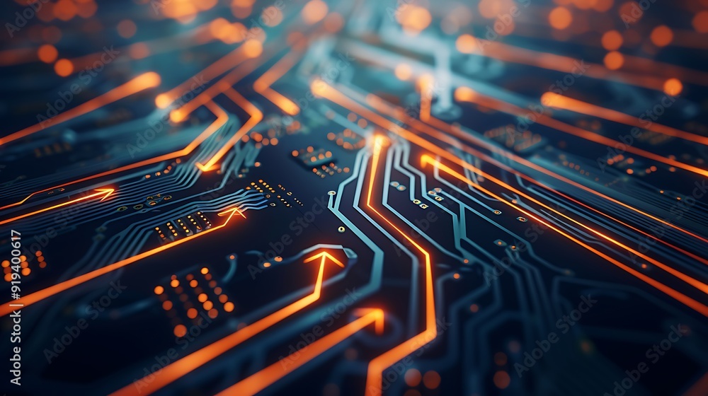 Innovative Growth: Golden Arrows Pointing Upward on a Circuit Board Innovative Growth: Golden Arrows Pointing Upward on a Circuit Board