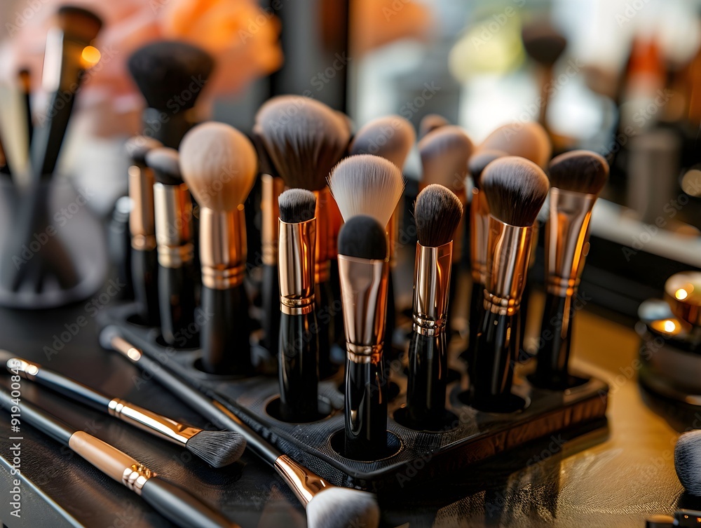 A collection of makeup brushes arranged neatly on a vanity during a bright morning A collection of makeup brushes arranged neatly on a vanity during a bright morning