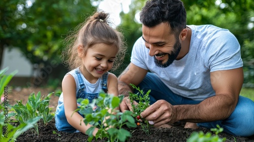 Wallpaper Mural A father and daughter happily plant seedlings in a garden. They smile as they work together. Torontodigital.ca