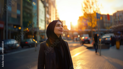 Beautiful Young Muslim Woman Enjoys Sunset in Urban Cityscape