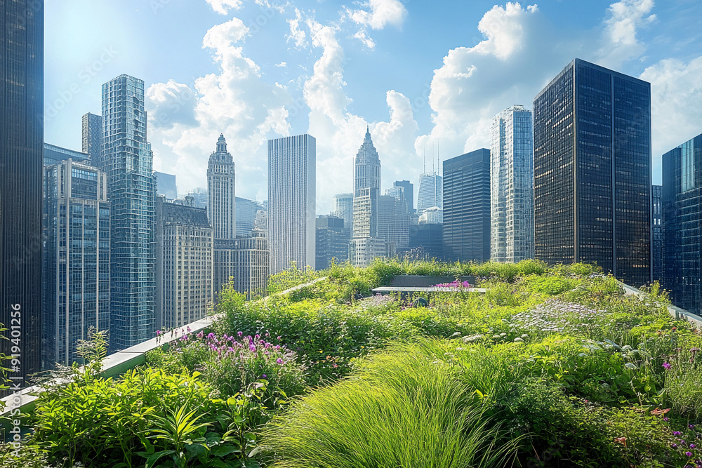 Fototapeta premium A city skyline with green roofs and vertical gardens