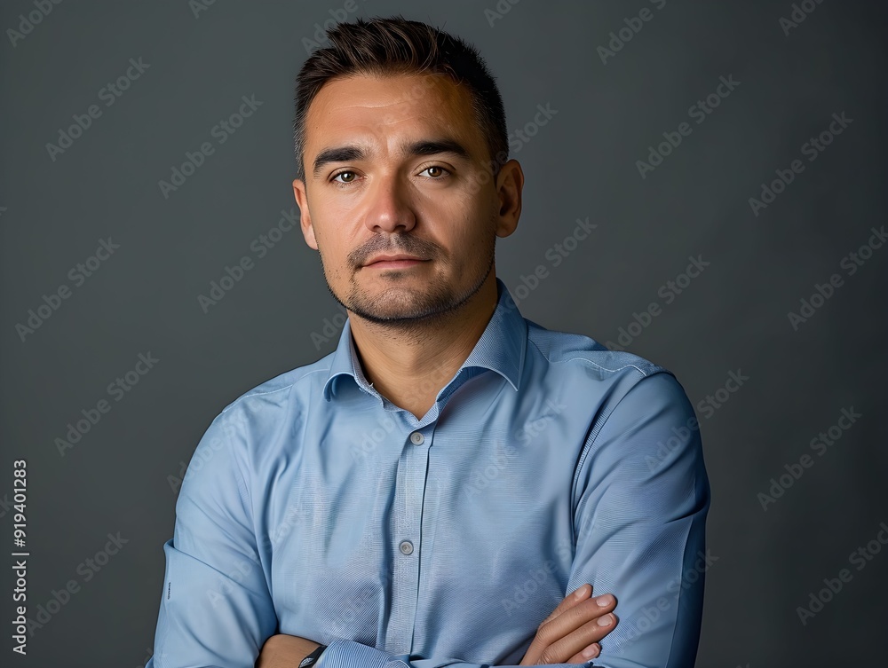 Fototapeta premium Professional man in a blue shirt poses confidently against a dark background