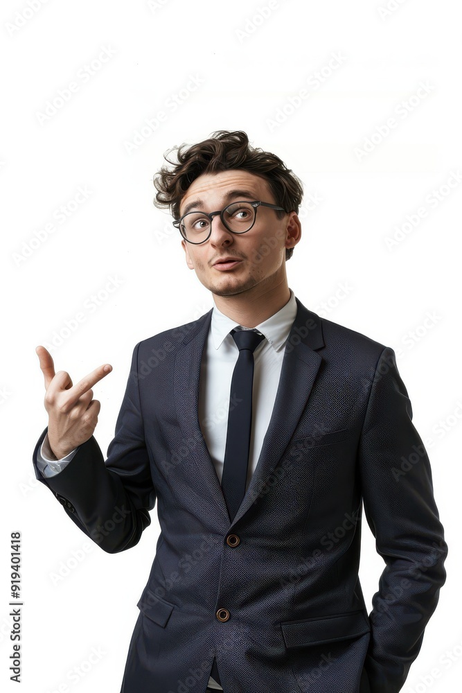 Handsome young businessman in suit and glasses, pointing to the side, looking up, white background. Handsome young businessman in suit and glasses, pointing to the side, looking up, white background.