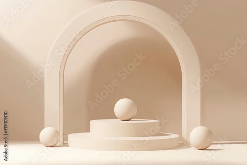 Realistic 3D beige cylindrical podium background with ball, Arch backdrop scene. with generative ai