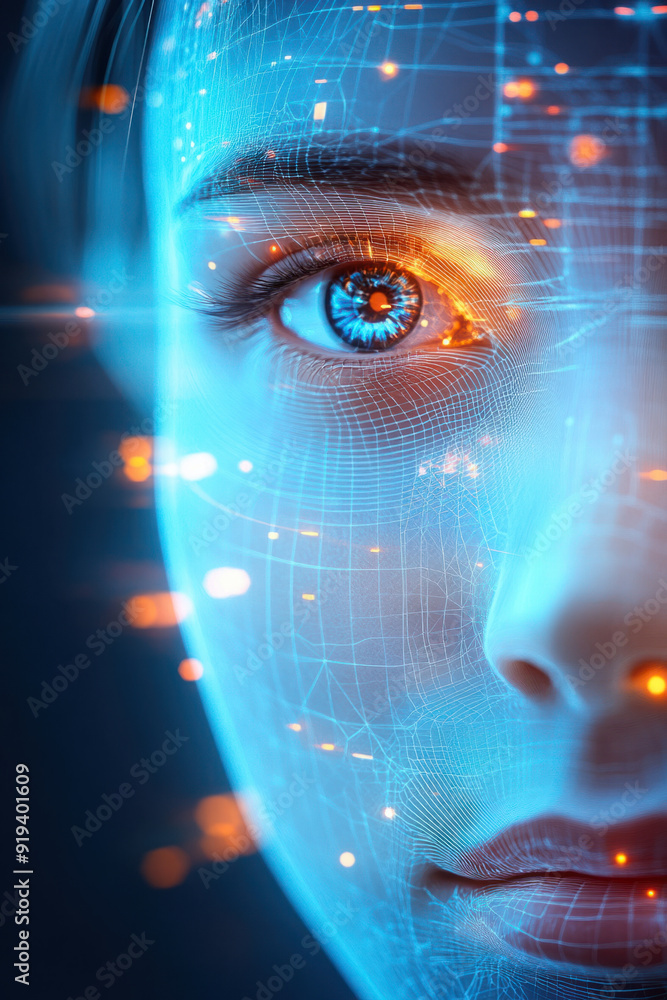 AI Face recognition, A female face illuminated by vibrant wireframe graphics, showcasing advanced AI face scan technology. The glowing lines and shapes create an ethereal look as AI Face recognition, A female face illuminated by vibrant wireframe graphics, showcasing advanced AI face scan technology. The glowing lines and shapes create an ethereal look as