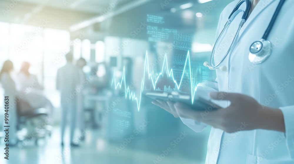 Doctor with stethoscope and heart hologram on tablet screen Doctor with stethoscope and heart hologram on tablet screen