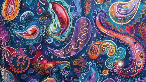 Vibrant paisley patterns swirl across a dark background, showcasing artistic creativity and colorful design elements