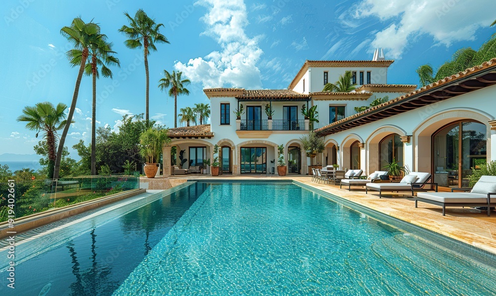 Fototapeta premium beautiful spanish villa with a pool,palm trees in the background blue sky sunny day luxury house.