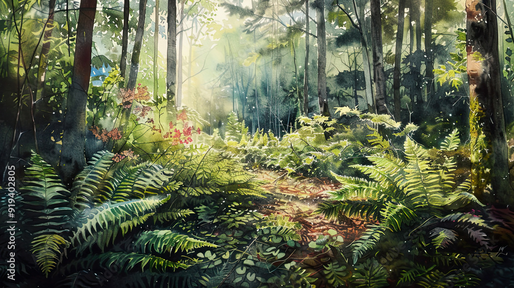 Fototapeta premium Realistic watercolor of a woodland garden, blooming ferns, forest floor, bright morning light ,Ultra-High Detail, Ultra-Realistic