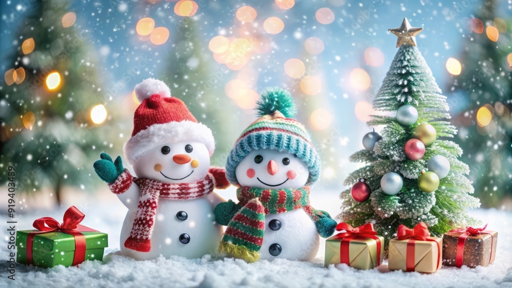 Festive Snowmen and Christmas Tree with Gifts. Festive Snowmen and Christmas Tree with Gifts.
