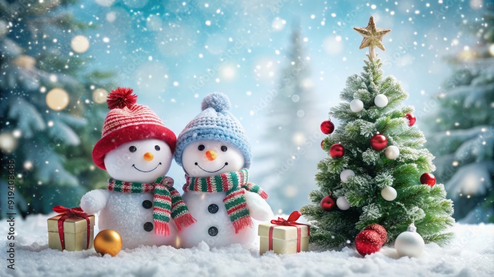 Cute Snowmen Celebrate Christmas with a Decorated Tree. Cute Snowmen Celebrate Christmas with a Decorated Tree.