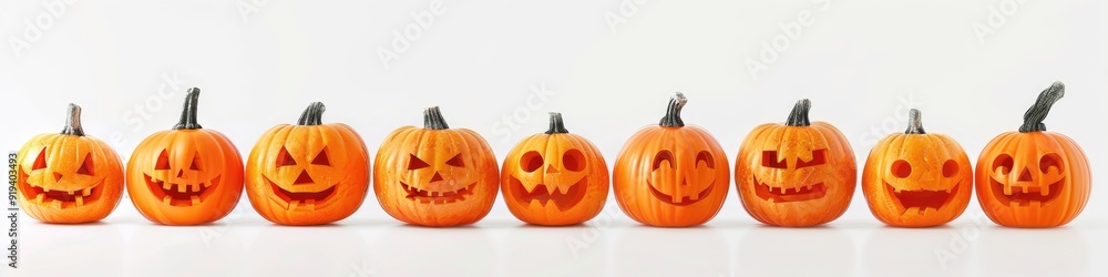 Row of Expressive Pumpkins: Smiling, Angry, and Happy Isolated on Transparent Row of Expressive Pumpkins: Smiling, Angry, and Happy Isolated on Transparent
