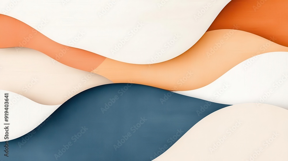 Abstract background with wavy shapes in blue, orange, and white.