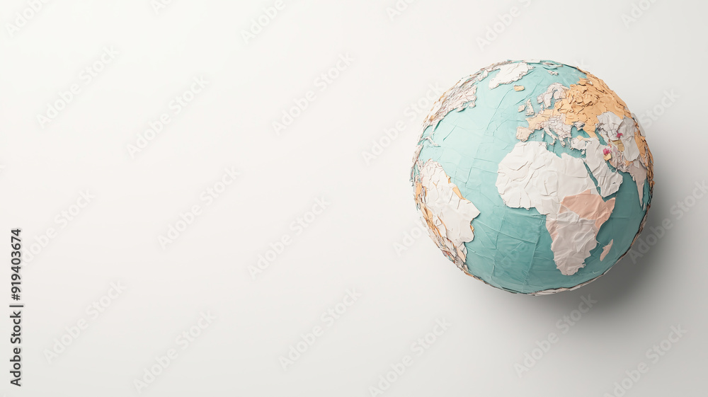 Abstract globe made of recycled materials on a clean white background, ideal for a business banner with ample copy space, sustainability focus Abstract globe made of recycled materials on a clean white background, ideal for a business banner with ample copy space, sustainability focus