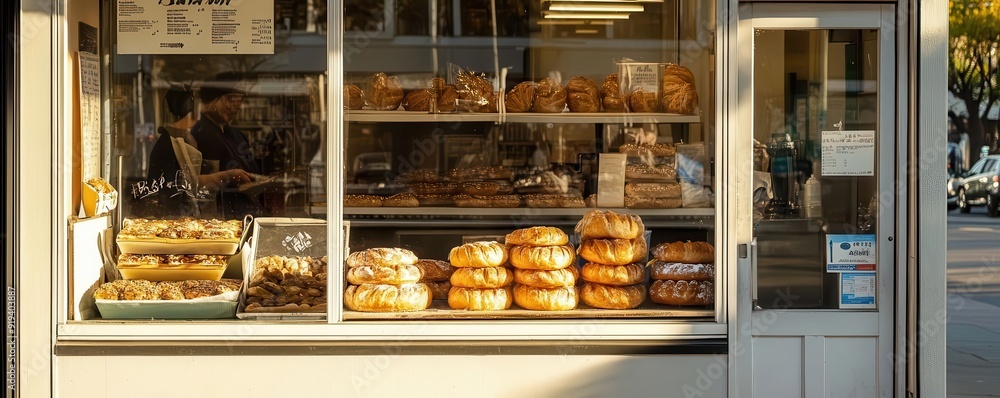 A charming bakery display showcasing an array of fresh pastries, breads, and baked goods in a vibrant setting. A charming bakery display showcasing an array of fresh pastries, breads, and baked goods in a vibrant setting.