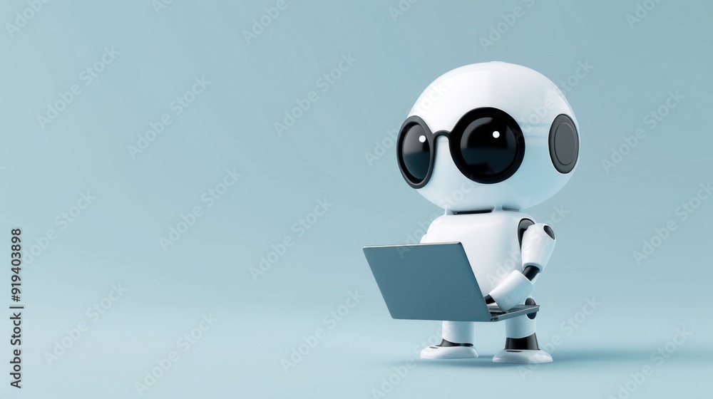 3D icon cute white robot character holding laptop, book, smart phone 3D icon cute white robot character holding laptop, book, smart phone