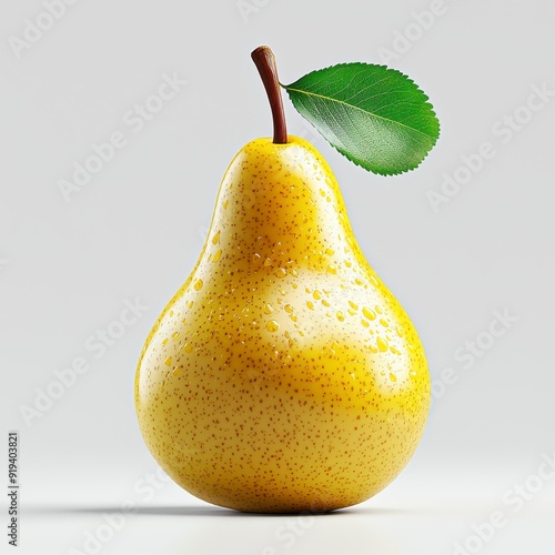 A single, ripe yellow pear with a green leaf, isolated on a white background. photo