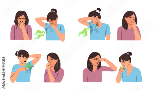 Woman covers her nose with her hand from the unpleasant stinking smell of her friend s sweat. Confusion with bad breath from the mouth