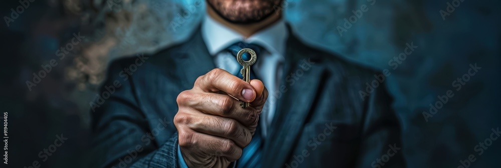 Businessman in a suit points a key forward, symbolizing success and ...
