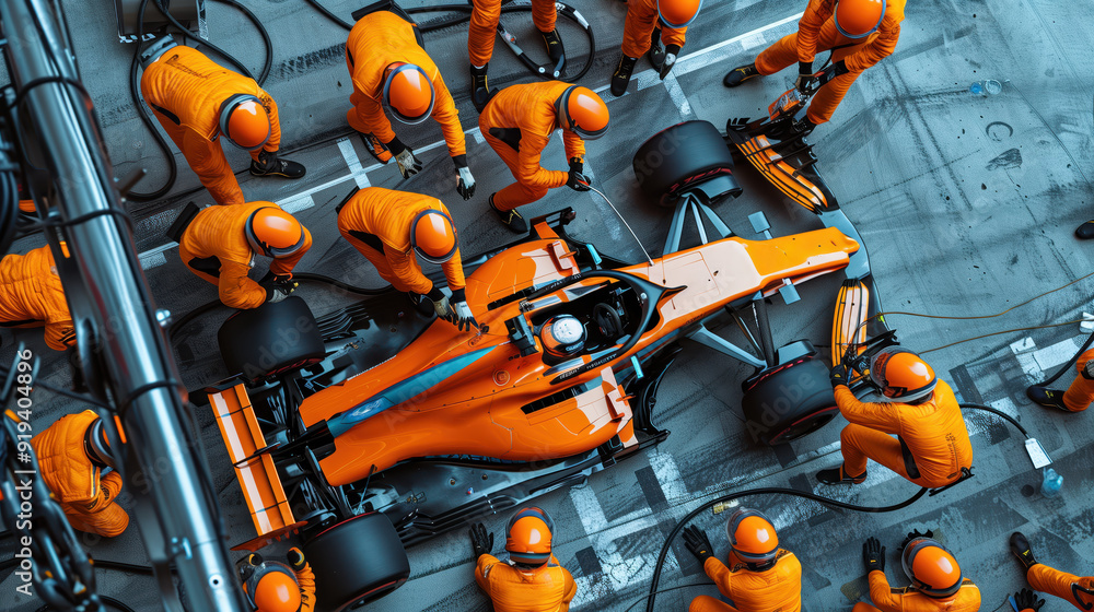 High-Angle View of Pit Crew in Orange Suits Servicing Formula One Car High-Angle View of Pit Crew in Orange Suits Servicing Formula One Car
