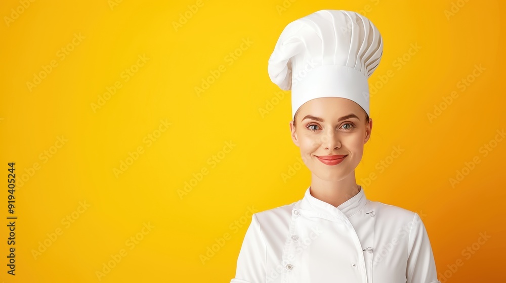 Portrait of a smiling female chef in a white uniform and chef hat against a bright orange background. Portrait of a smiling female chef in a white uniform and chef hat against a bright orange background.