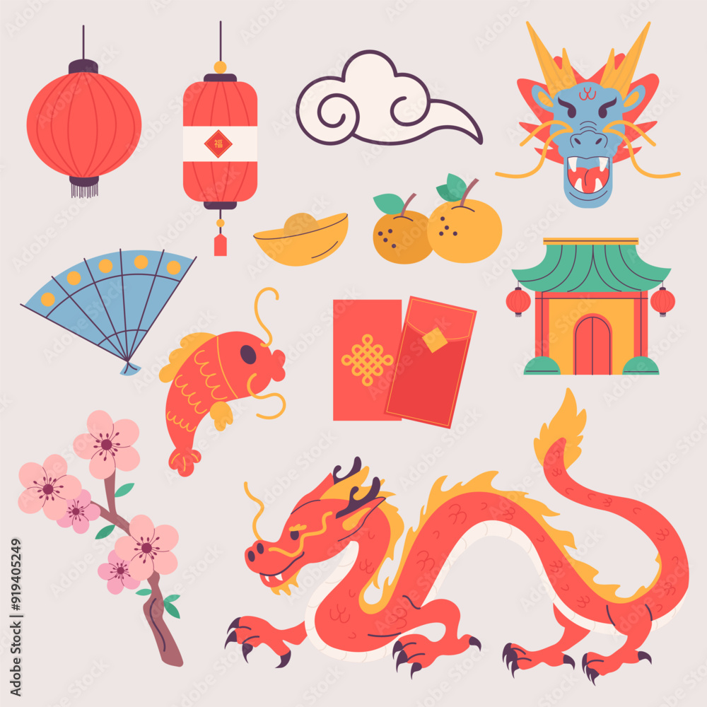 Elements for chinese new year festival flat