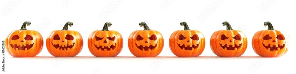Halloween Pumpkins with Different Expressions: Row Isolated on White Background Halloween Pumpkins with Different Expressions: Row Isolated on White Background