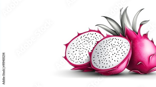 Artistic line illustration of dragon fruit, minimalistic approach, clean white backdrop, fine hand-drawn detail