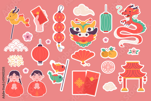 Stickers chinese new year festival elements flat design