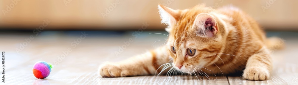 A playful orange tabby cat focuses intently on a colorful ball, ready to pounce on it. The cat is lying on a wooden floor indoors. A playful orange tabby cat focuses intently on a colorful ball, ready to pounce on it. The cat is lying on a wooden floor indoors.