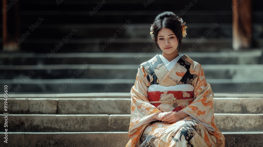 Serene Japanese Woman in Traditional Kimono Sitting on Stairs