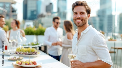 Smiling man at rooftop party with friends in background. Enjoying social gathering with cityscape view.