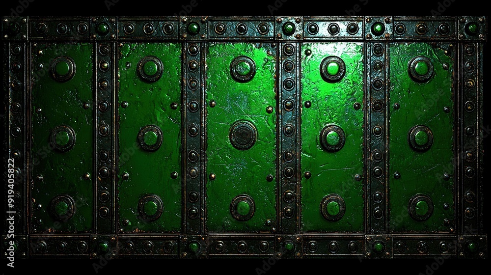 A close-up of a green metal door with rivets and a circle design on its front A close-up of a green metal door with rivets and a circle design on its front
