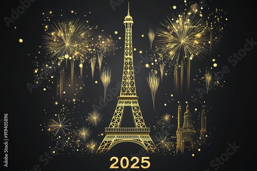 2024 and Rings, and celebratory colorful fireworks over the Eiffel Tower in Paris (2024), France
 photo