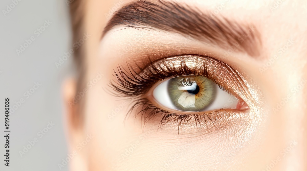 Naklejka premium Close-up of a woman's green eye with gold eye shadow, long eyelashes, and well-defined eyebrows. Makeup and beauty concept.