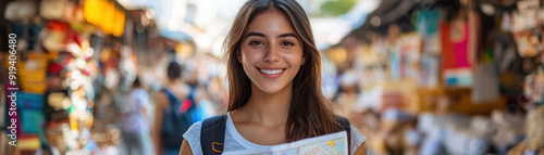 Solo travelling, A happy solo female traveler looking directly at the camera as she explores a bustling city market. Colorful stalls and local crafts surround her, showcasing a