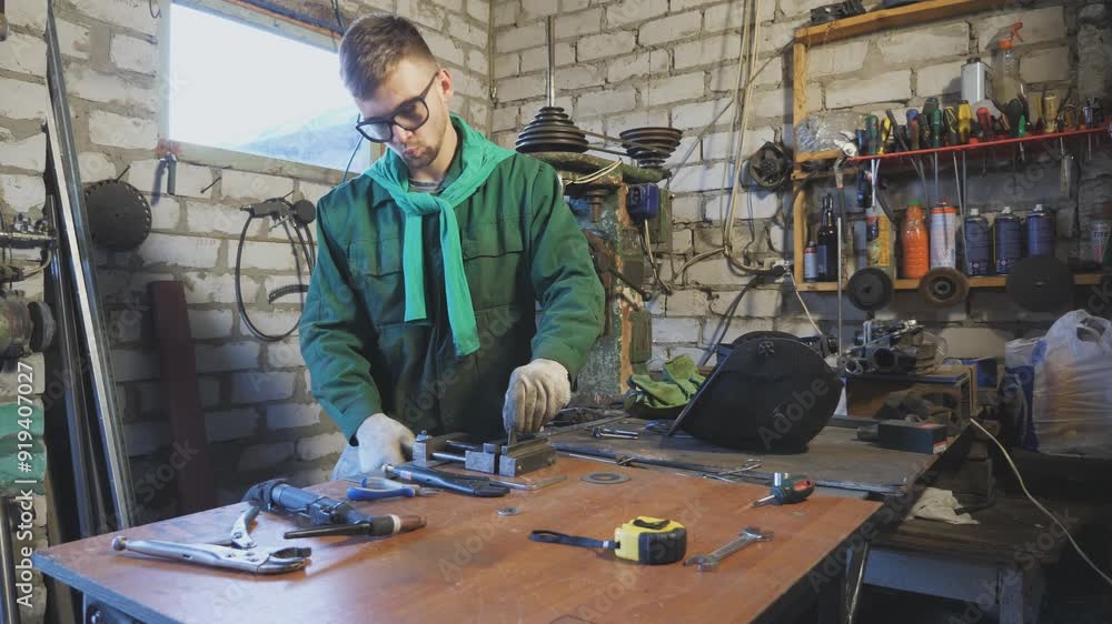 Cheerful repairman in protective eyewear fooling around during working in workshop. Happy male mechanic in workwear enjoying and having fun in garage. Maintenance service concept. Close up Slow motion Cheerful repairman in protective eyewear fooling around during working in workshop. Happy male mechanic in workwear enjoying and having fun in garage. Maintenance service concept. Close up Slow motion