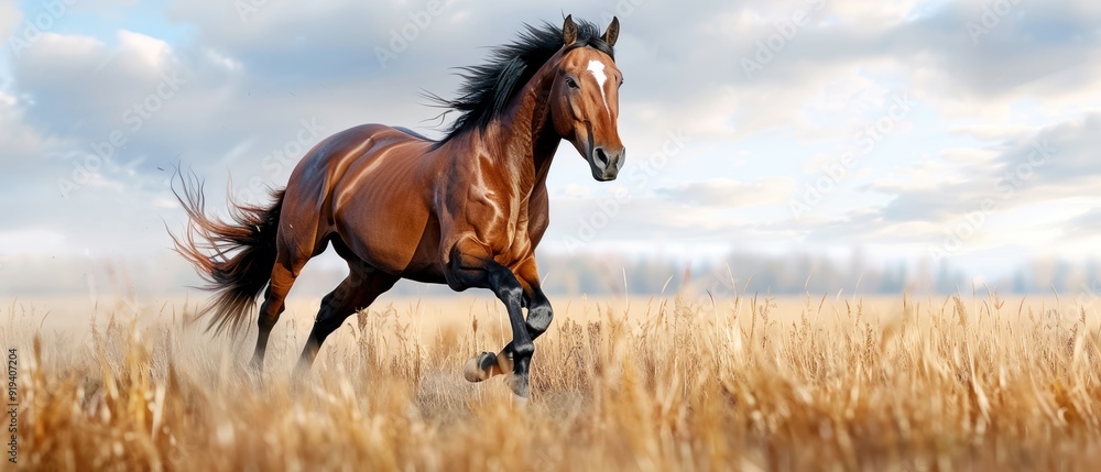 Majestic brown horse galloping through a golden field under a cloudy sky, showcasing strength and freedom. Majestic brown horse galloping through a golden field under a cloudy sky, showcasing strength and freedom.