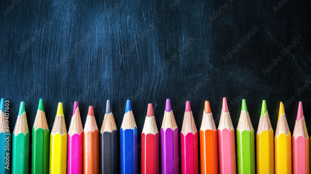 Colorful pencils arranged in rows on a blackboard background with copy space for a back to school or art class banner Colorful pencils arranged in rows on a blackboard background with copy space for a back to school or art class banner