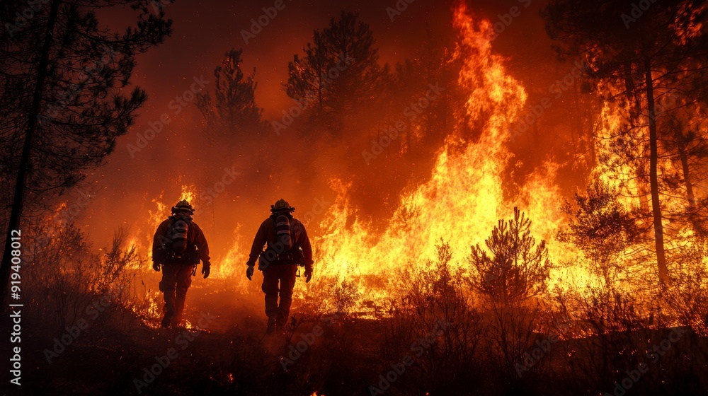 Two firefighters walk through a forest engulfed in flames. The blaze is intense, illuminating the scene with an orange glow. Two firefighters walk through a forest engulfed in flames. The blaze is intense, illuminating the scene with an orange glow.