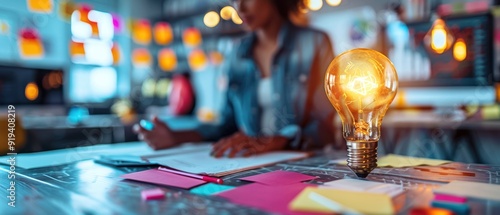 Spark ideas with a glowing lightbulb in a creative office; a perfect background for innovation, brainstorming, and productivity themes.