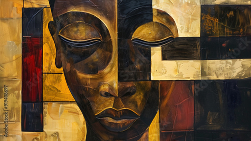 Sankofa Serenity - portrait, face, art, painting, abstract, colors, geometric, contemporary, eyes closed, golden tones, dark tones, modern art, textured