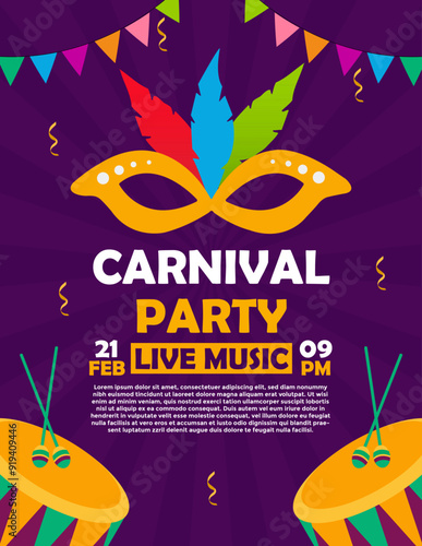 carnival party invitation flyer design with mask, feathers, confetti, drums and flags for party. Mardi Gras festive, carnival, festival,  parade. template for design invitation banners